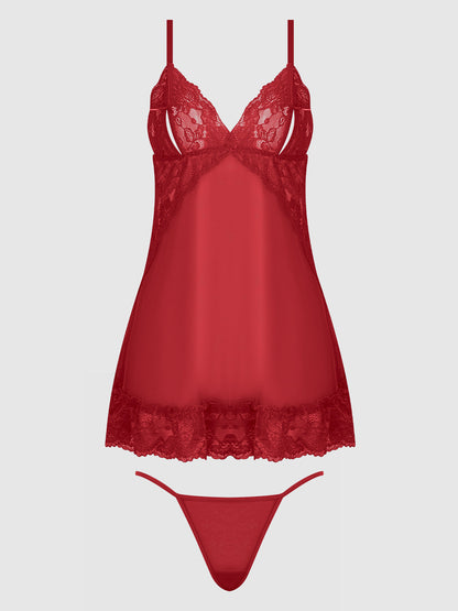 House of Desire Harlow Lace & Mesh Babydoll & G-String Set Crimson Red