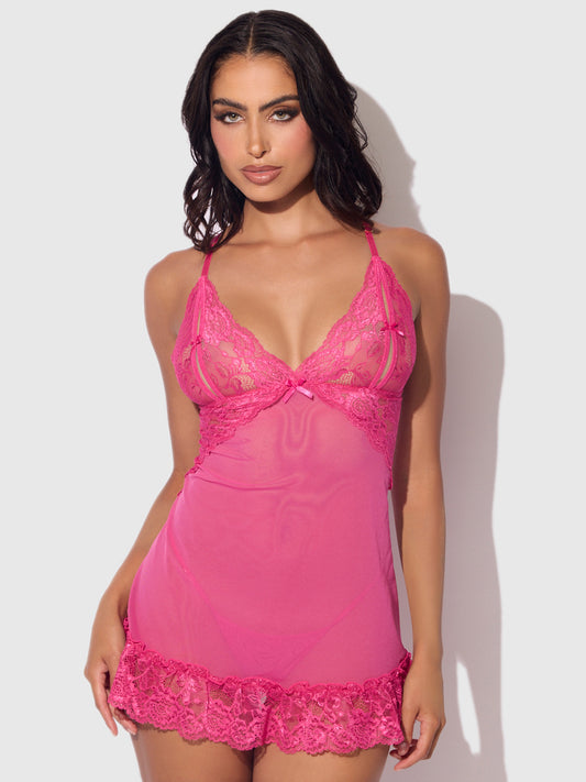 House of Desire Harlow Lace & Mesh Babydoll & G-String Set Fuchsia Purple