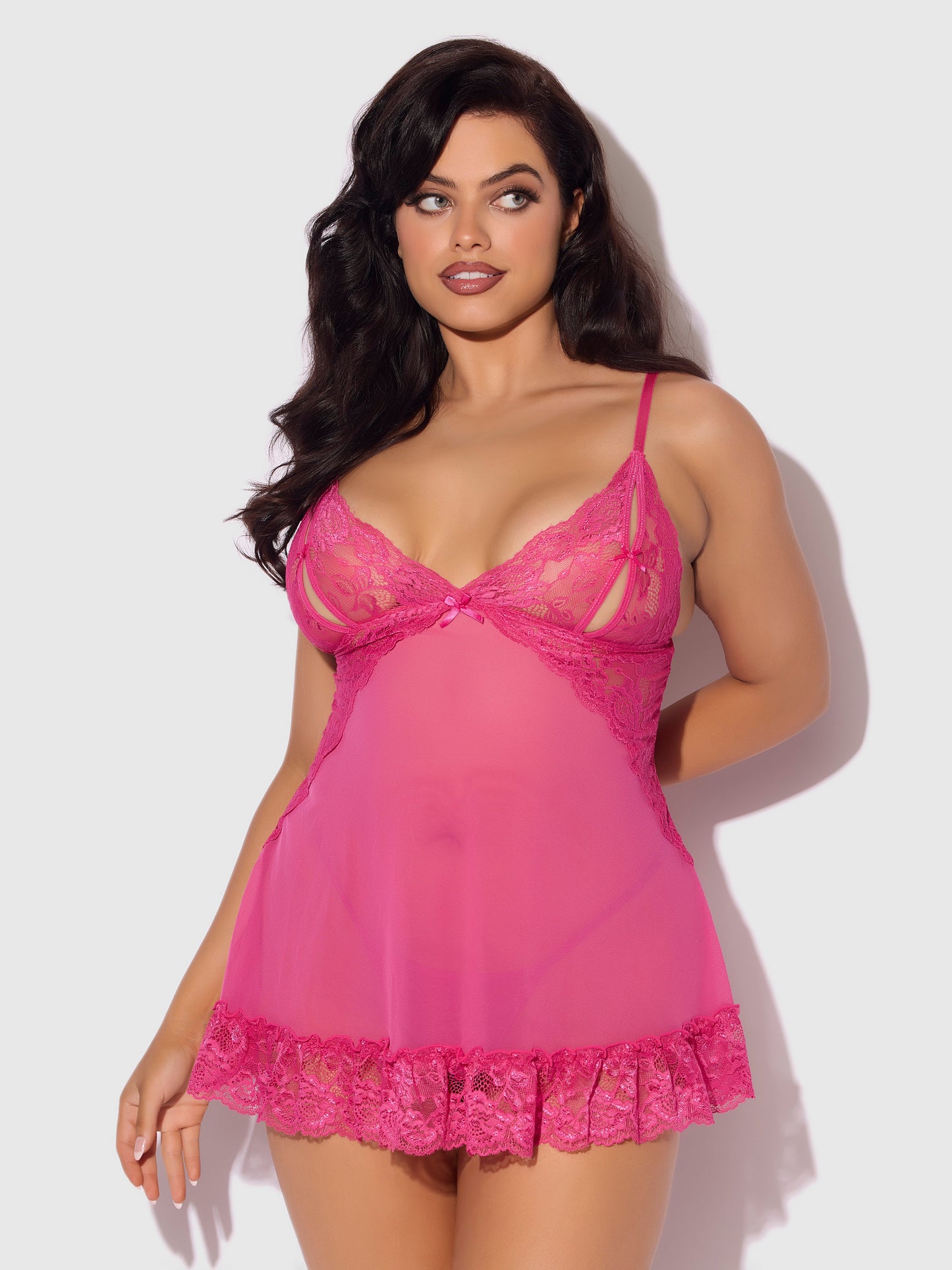 House of Desire Harlow Lace & Mesh Babydoll & G-String Set Fuchsia Purple