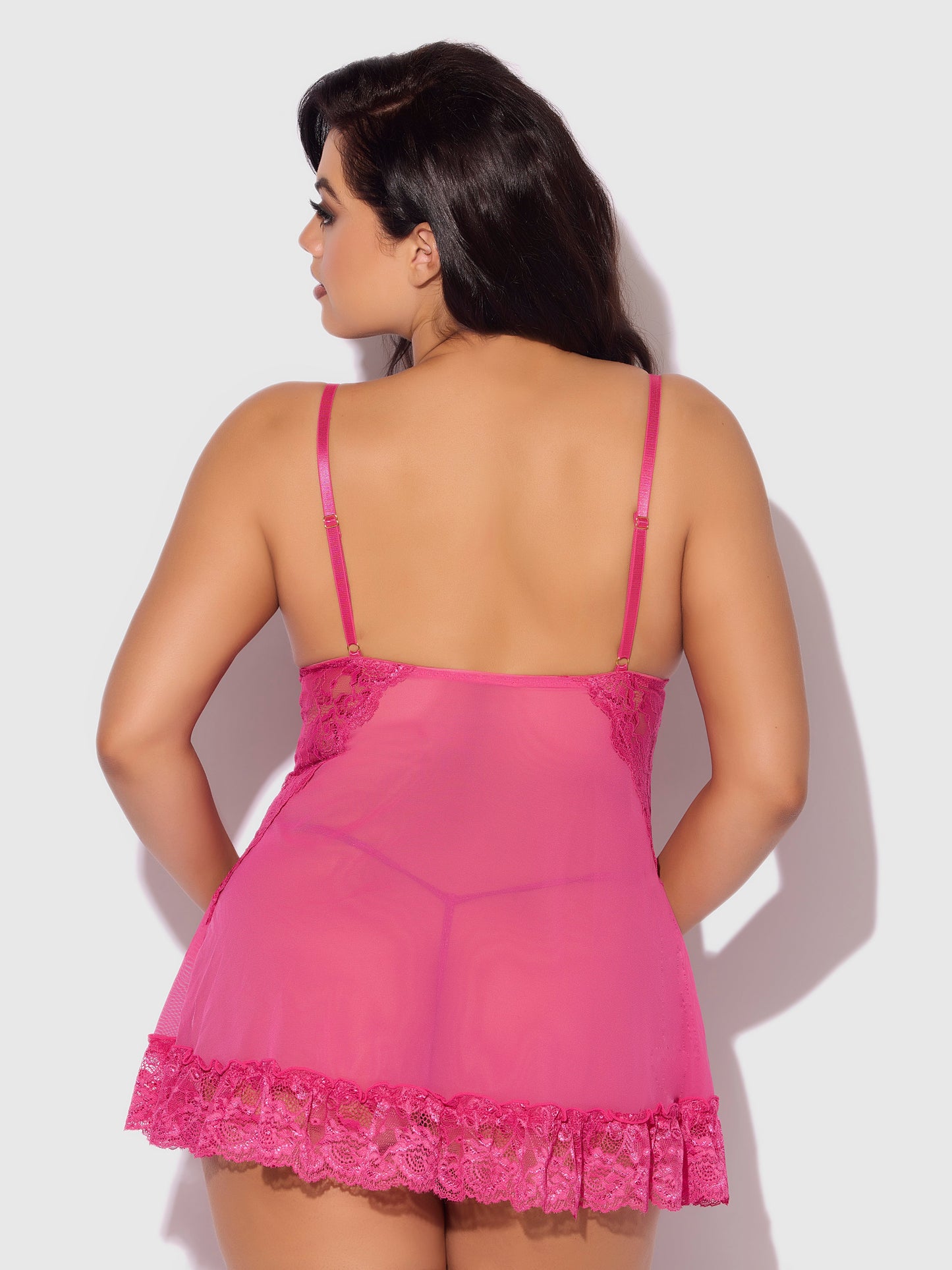 House of Desire Harlow Lace & Mesh Babydoll & G-String Set Fuchsia Purple