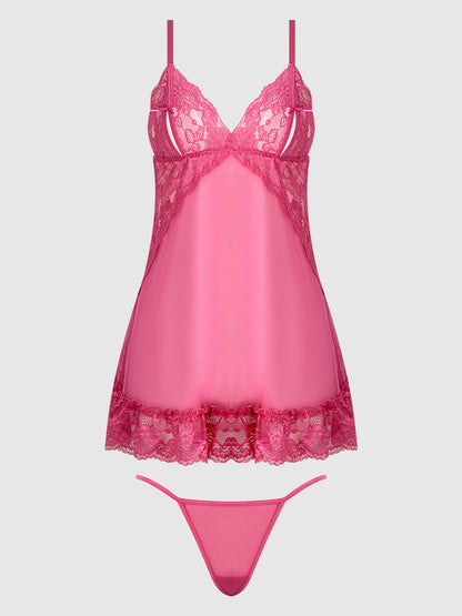 House of Desire Harlow Lace & Mesh Babydoll & G-String Set Fuchsia Purple
