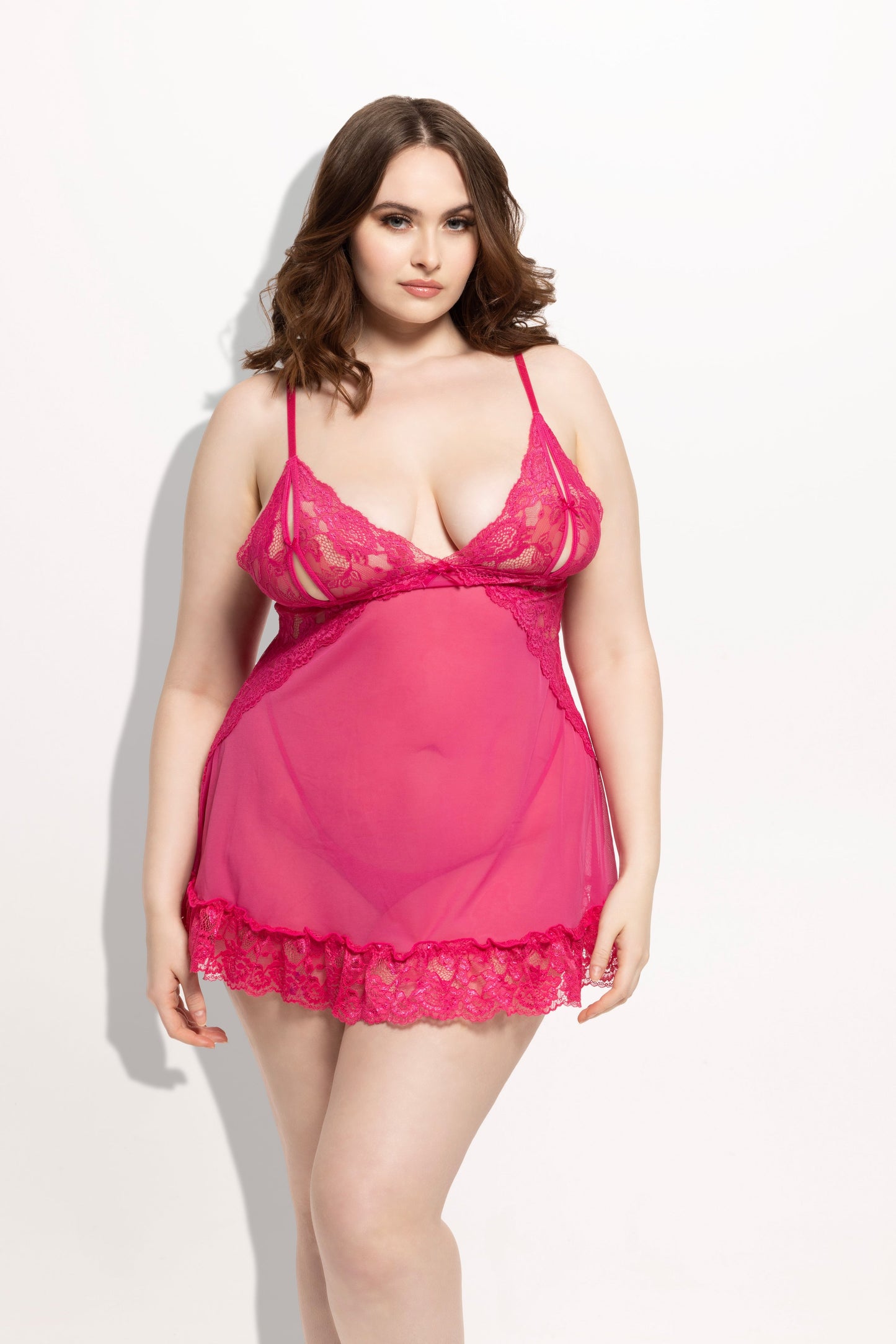 House of Desire Harlow Lace & Mesh Babydoll & G-String Set Fuchsia Purple
