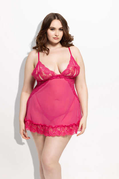 House of Desire Harlow Lace & Mesh Babydoll & G-String Set Fuchsia Purple