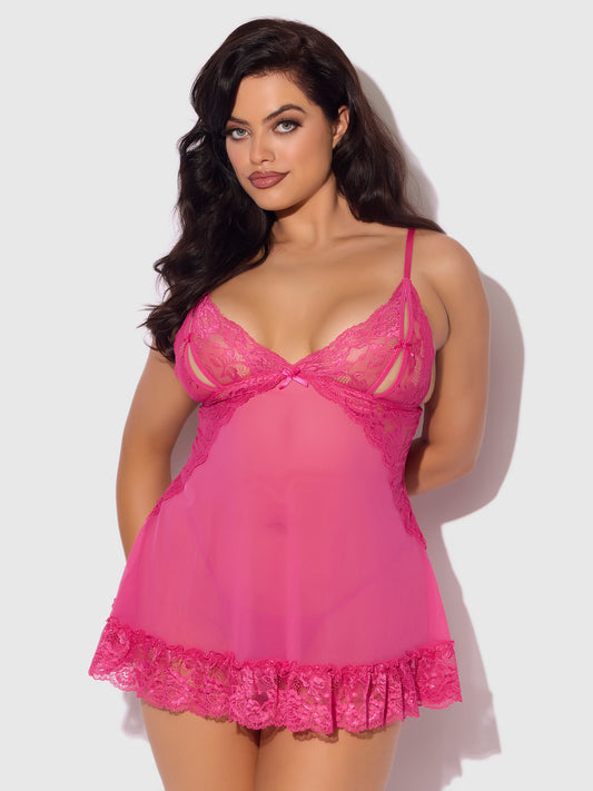 House of Desire Harlow Lace & Mesh Babydoll & G-String Set Fuchsia Purple