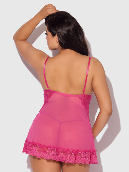 House of Desire Harlow Lace & Mesh Babydoll & G-String Set Fuchsia Purple