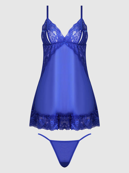 House of Desire Harlow Lace & Mesh Babydoll & G-String Set Surf the Web Blue