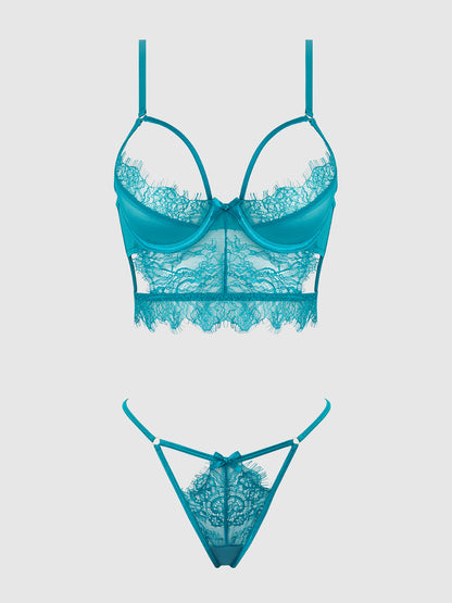 House of Desire Mila Eyelash Lace Strappy Longline Bra & Tanga Set