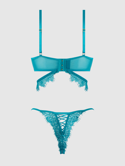 House of Desire Mila Eyelash Lace Strappy Longline Bra & Tanga Set