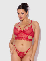 House of Desire Queen Mila Eyelash Lace Strappy Longline Bra & Tanga Set Tango Red - House of Desire