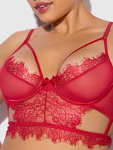 House of Desire Mila Eyelash Lace Strappy Longline Bra & Tanga Set Tango Red - House of Desire