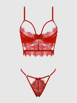 House of Desire Mila Eyelash Lace Strappy Longline Bra & Tanga Set Tango Red - House of Desire