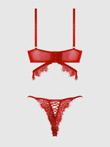 House of Desire Queen Mila Eyelash Lace Strappy Longline Bra & Tanga Set Tango Red - House of Desire
