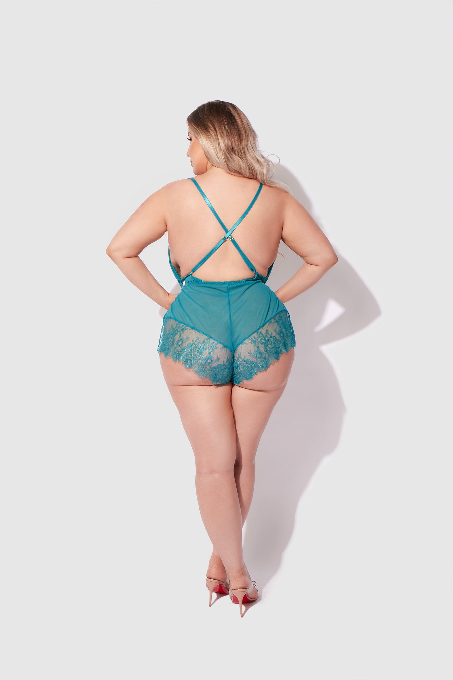 House of Desire Mila Mesh & Eyelash Lace High Slit Romper Teddy