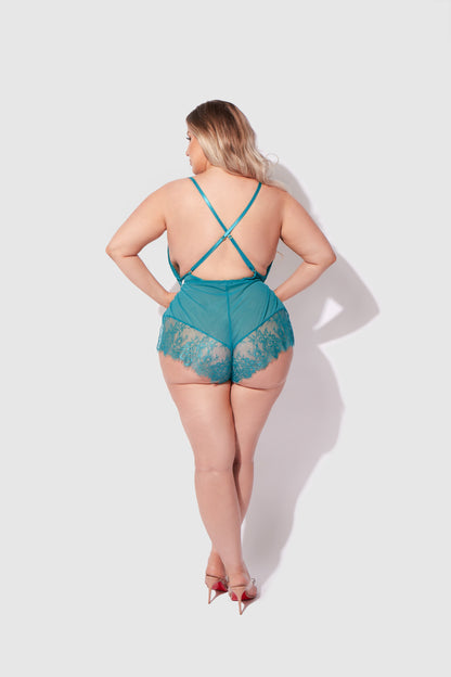 House of Desire Mila Mesh & Eyelash Lace High Slit Romper Teddy