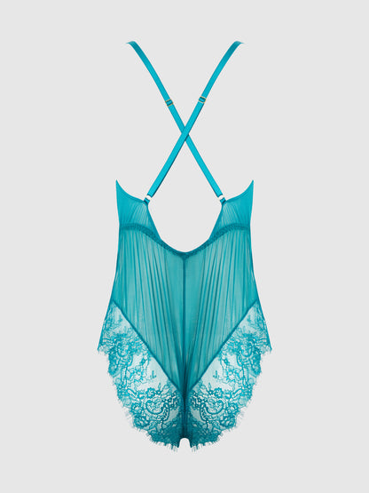 House of Desire Mila Mesh & Eyelash Lace High Slit Romper Teddy