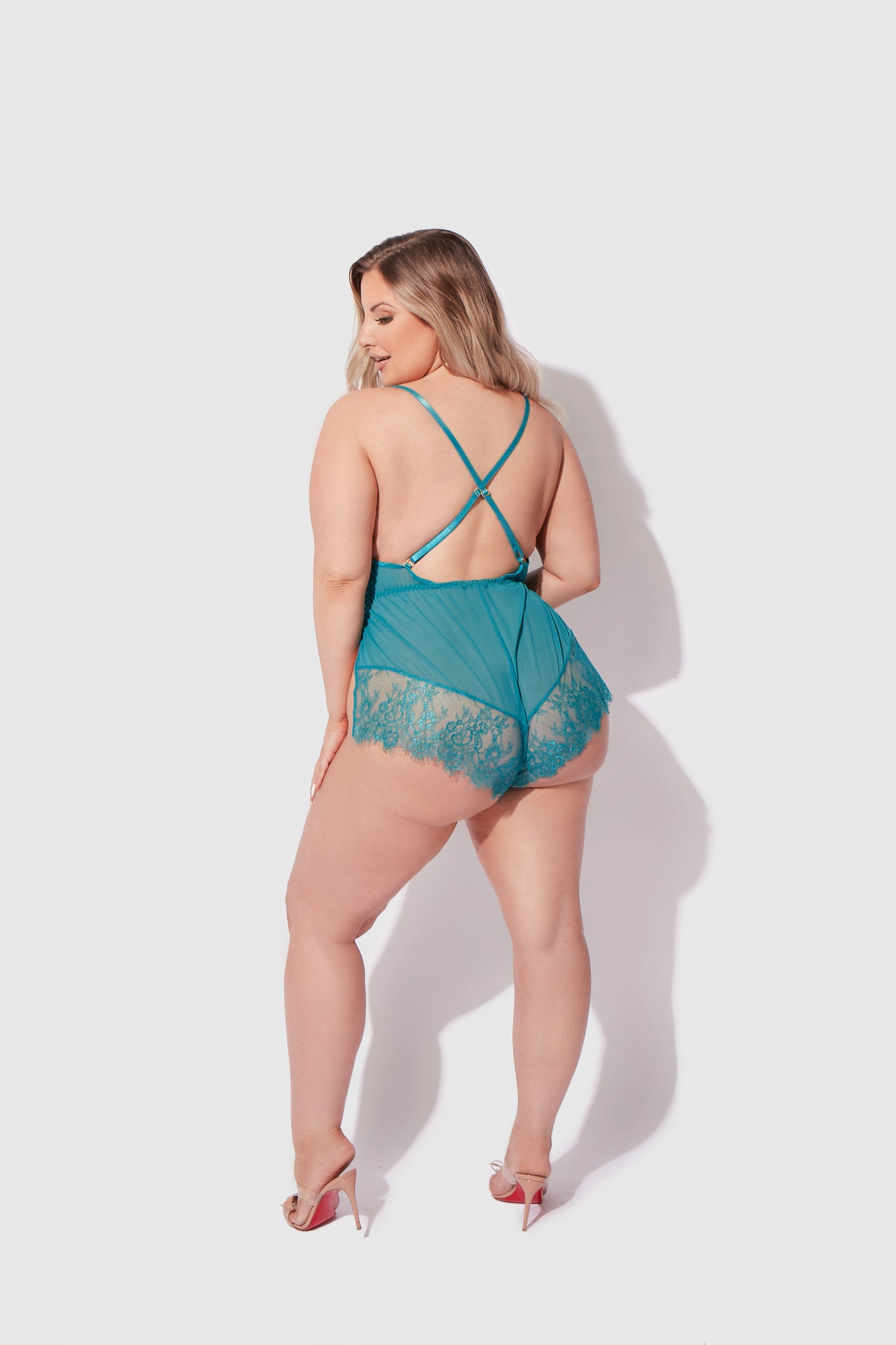 House of Desire Mila Mesh & Eyelash Lace High Slit Romper Teddy