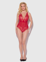 House of Desire Queen Mila Mesh & Eyelash Lace High Slit Romper Teddy Tango Red - House of Desire