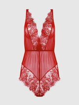 House of Desire Queen Mila Mesh & Eyelash Lace High Slit Romper Teddy Tango Red - House of Desire