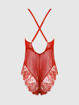 House of Desire Queen Mila Mesh & Eyelash Lace High Slit Romper Teddy Tango Red - House of Desire