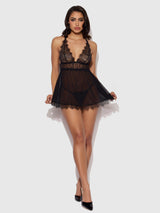 House of Desire Mila Eyelash Lace & Mesh Babydoll & G-string Set Black