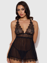 House of Desire Mila Eyelash Lace & Mesh Babydoll & G-string Set Black