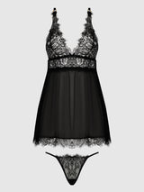 House of Desire Mila Eyelash Lace & Mesh Babydoll & G-string Set Black