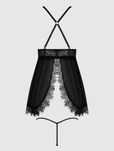 House of Desire Mila Eyelash Lace & Mesh Babydoll & G-string Set Black