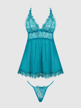 House of Desire Queen Mila Eyelash Lace & Mesh Babydoll & G-string Set Teal
