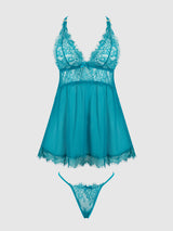 House of Desire Mila Eyelash Lace & Mesh Babydoll & G-string Set Teal