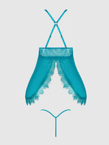 House of Desire Mila Eyelash Lace & Mesh Babydoll & G-string Set Teal