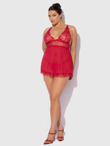 House of Desire Queen Mila Eyelash Lace & Mesh Babydoll & G-string Set Crimson Red