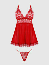House of Desire Queen Mila Eyelash Lace & Mesh Babydoll & G-string Set Crimson Red