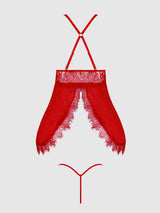 House of Desire Queen Mila Eyelash Lace & Mesh Babydoll & G-string Set Crimson Red