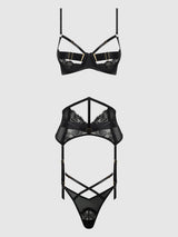 House of Desire Queen Nadia Lace & Mesh Bra, Garter & G-string Set Black