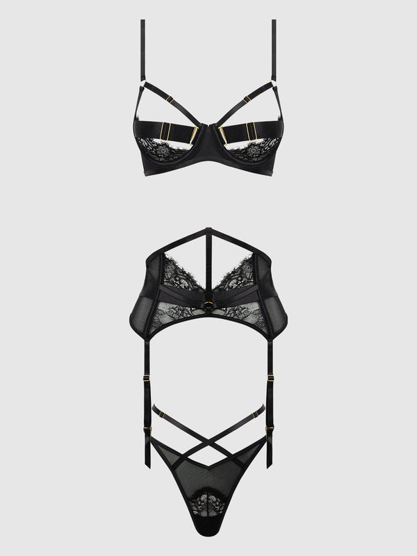 House of Desire Queen Nadia Lace & Mesh Bra, Garter & G-string Set Black