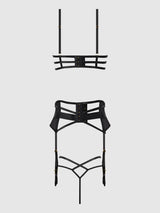 House of Desire Queen Nadia Lace & Mesh Bra, Garter & G-string Set Black