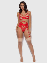 House of Desire Nadia Lace & Mesh Bra, Garter & G-string Set Hot Orange
