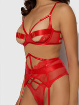 House of Desire Nadia Lace & Mesh Bra, Garter & G-string Set Hot Orange