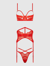 House of Desire Nadia Lace & Mesh Bra, Garter & G-string Set Hot Orange