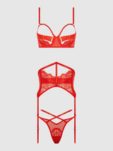 House of Desire Queen Nadia Lace & Mesh Bra, Garter & G-string Set Hot Orange