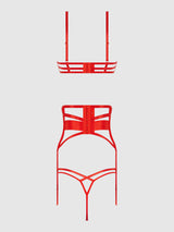 House of Desire Nadia Lace & Mesh Bra, Garter & G-string Set Hot Orange