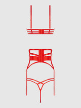 House of Desire Queen Nadia Lace & Mesh Bra, Garter & G-string Set Hot Orange