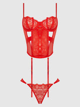 House of Desire Nadia Lace & Mesh Corset & Backless Hipster Set Hot Orange