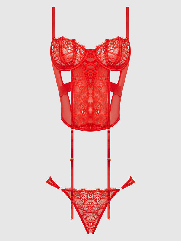 House of Desire Nadia Lace & Mesh Corset & Backless Hipster Set Hot Orange