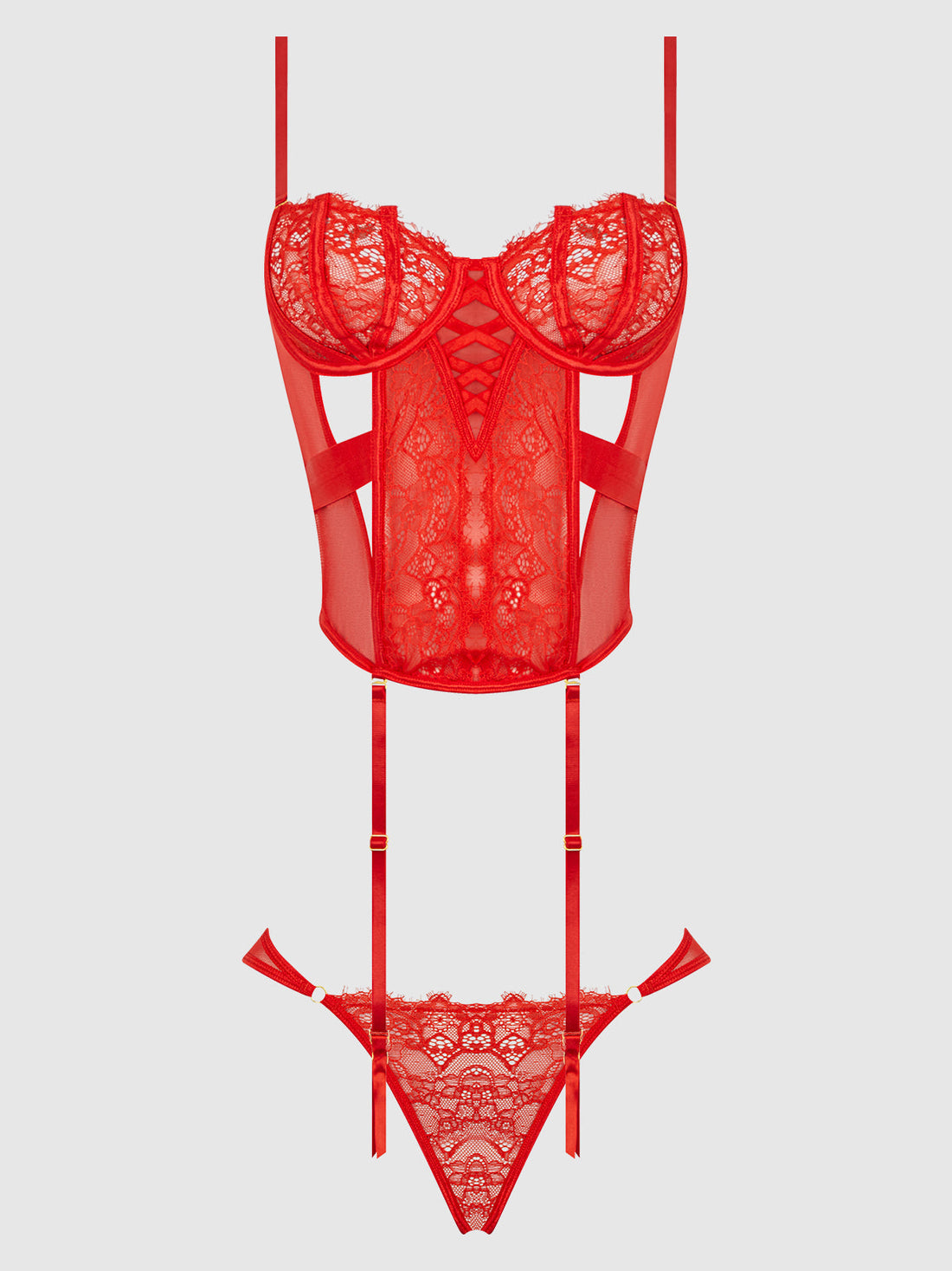 House of Desire Queen Nadia Lace & Mesh Corset & Backless Hipster Set Hot Orange