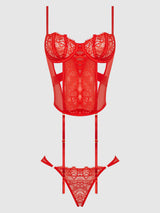 House of Desire Queen Nadia Lace & Mesh Corset & Backless Hipster Set Hot Orange