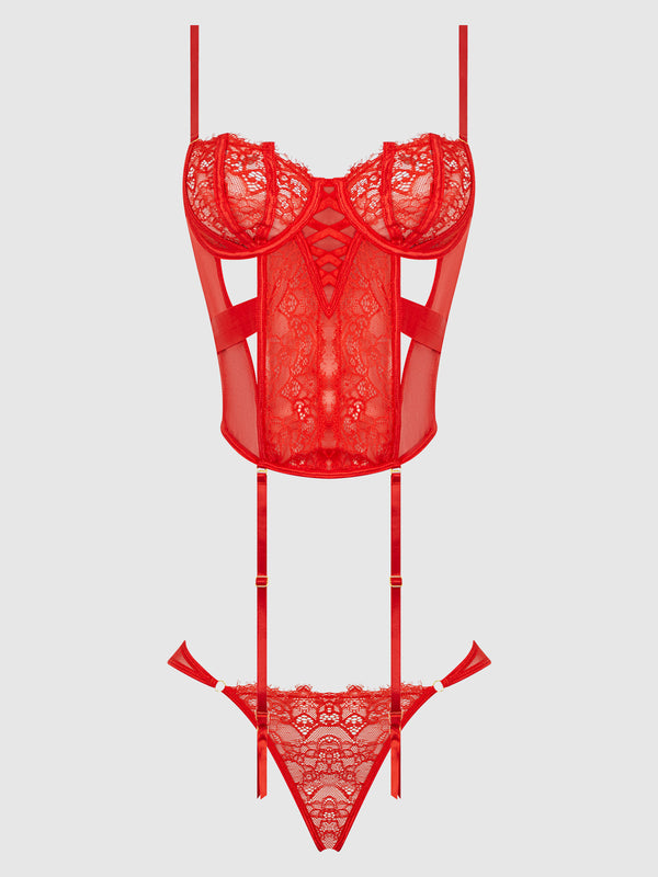 House of Desire Queen Nadia Lace & Mesh Corset & Backless Hipster Set Hot Orange