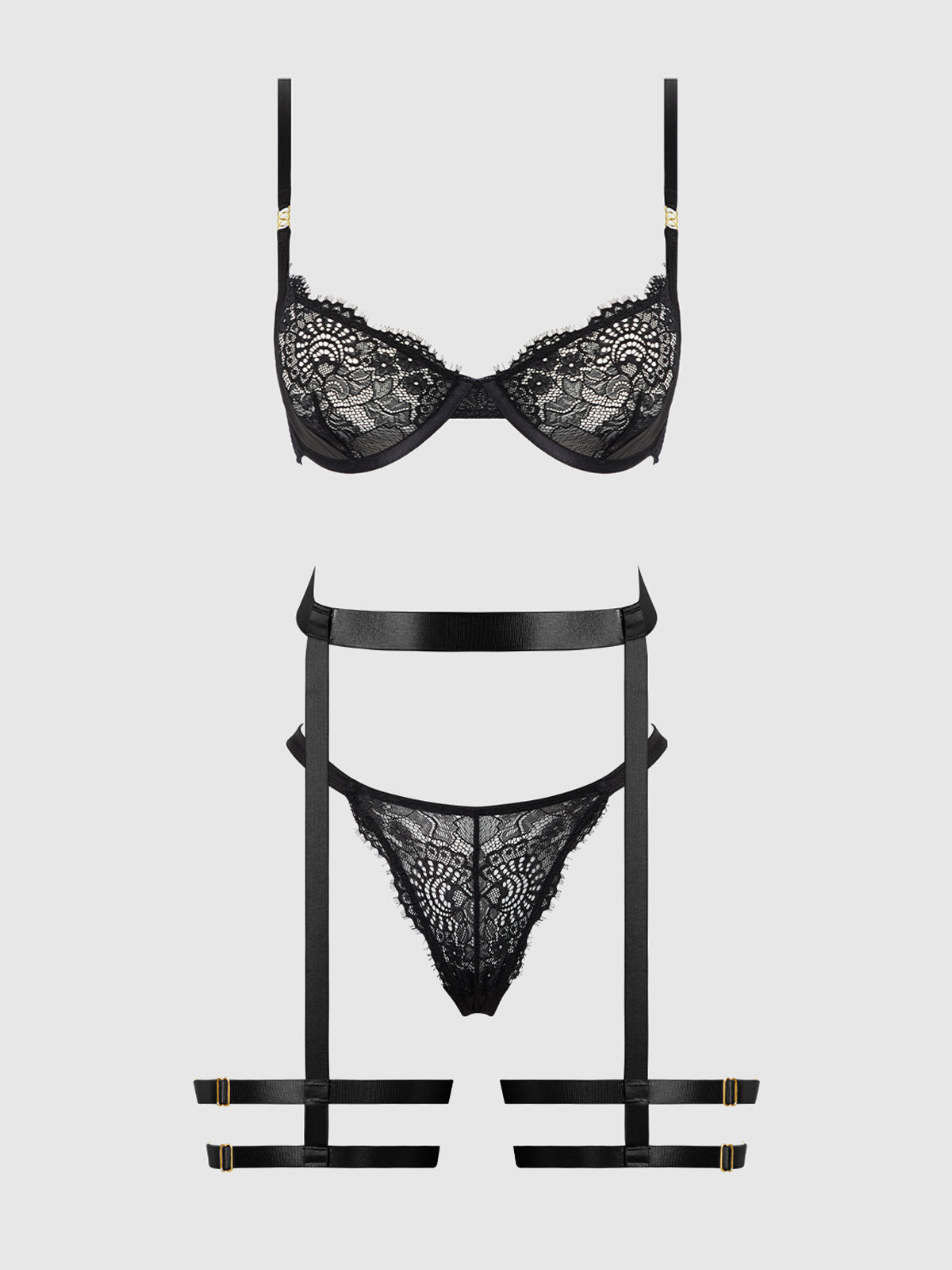 House of Desire Helena Lace Bra, Garter & Open Back Hipster Set Black