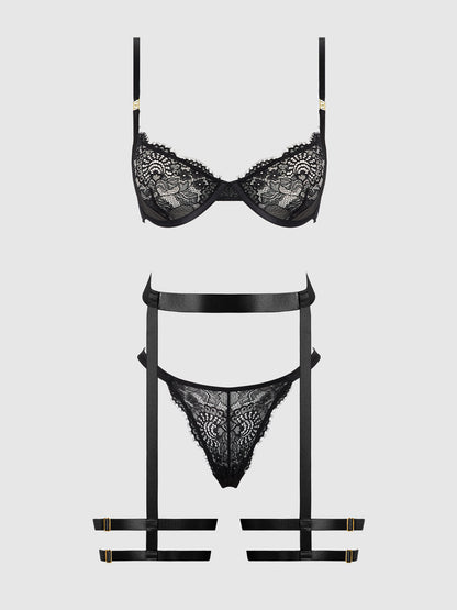 House of Desire Helena Lace Bra, Garter & Open Back Hipster Set Black