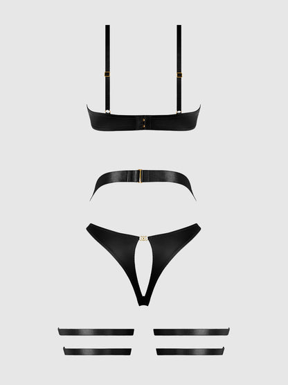 House of Desire Helena Lace Bra, Garter & Open Back Hipster Set Black